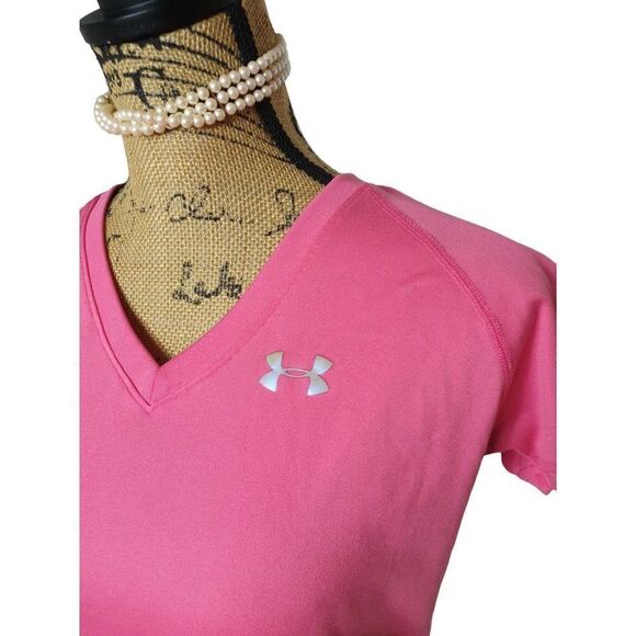 Under Armour Women's UA V-neck Teck Tee Pink Semi Fit Heatgear XS NWOT - Picture 3 of 7